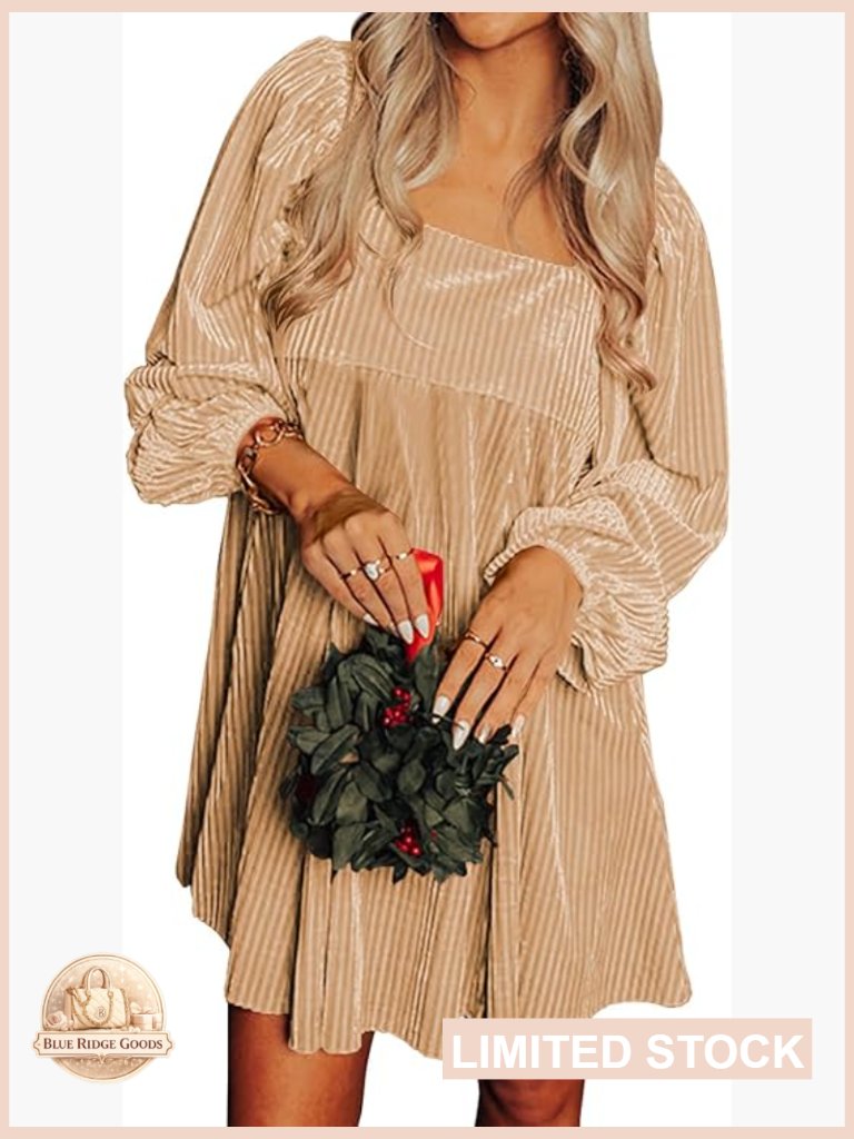 Velvet Babydoll Shift Dress Square Neck Long Sleeve Loose Fit Elegant Party
